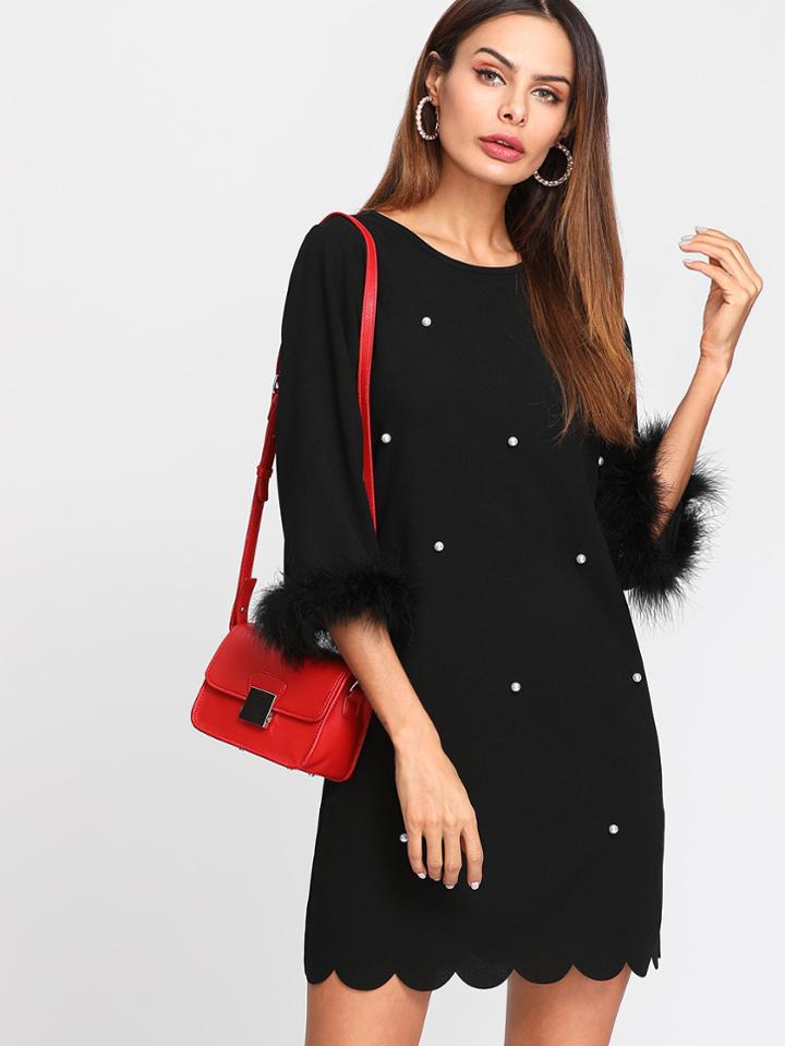 Romwe Faux Fur Cuff Pearl Beading Scallop Dress
