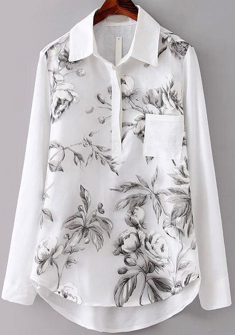 Romwe White Lapel Pocket Floral Dip Hem Blouse
