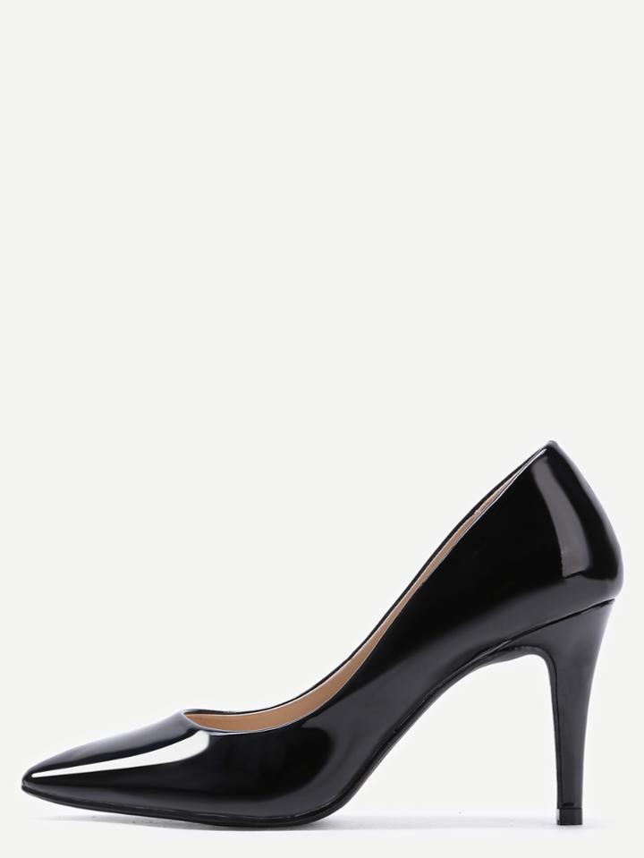 Romwe Black Faux Patent Leather Pointed Toe Pumps