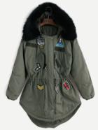 Romwe Patches Drawstring Hooded Parka With Removable Faux Fur Collar