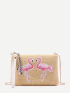 Romwe Flamingo Embroidery Straw Chain Bag