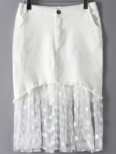 Romwe Mesh Hem Polka Dot Frayed Denim White Skirt