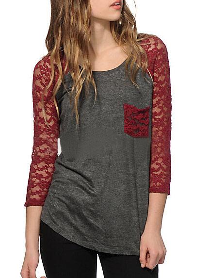 Romwe Contrast Lace Pocket Red T-shirt