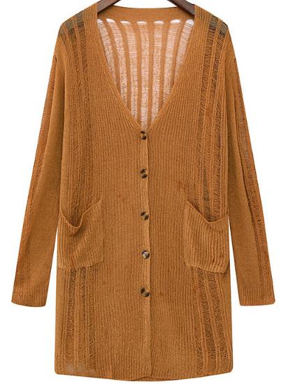 Romwe Hollow Pockets Button-down Khaki Cardigan