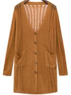 Romwe Hollow Pockets Button-down Khaki Cardigan
