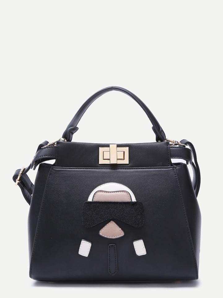 Romwe Cute Cartoon Patch Black Pu Shoulder Bag