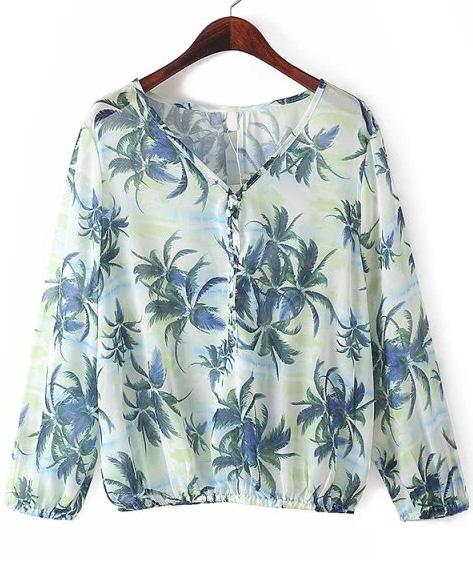 Romwe V Neck Floral Chiffon Green Blouse