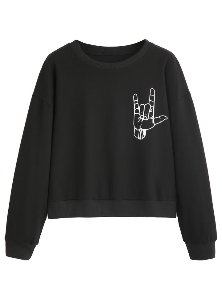 Romwe Black Gesture Print Dropped Shoulder Seam Sweatshirt