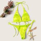 Romwe Neon Lime Halter Top With Tie Side Bikini