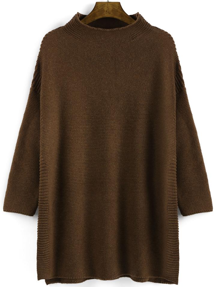 Romwe Camel Mock Neck Split Loose Sweater