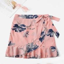 Romwe Plus Floral Print Ruffle Hem Wrap Skirt