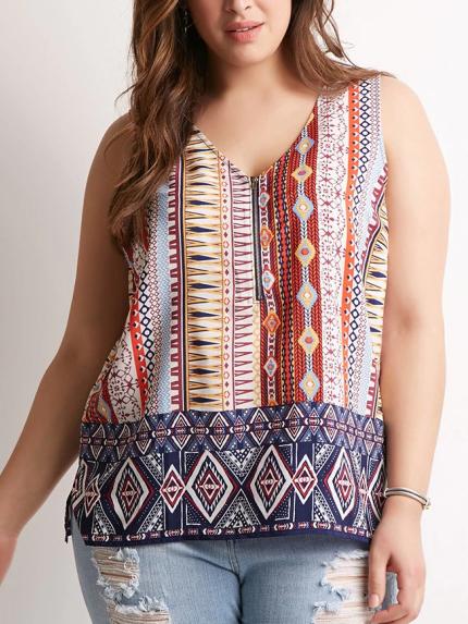 Romwe Multicolor Tribal Print Half Zip Top