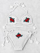 Romwe Contrast Rose Applique Crochet Bikini Set