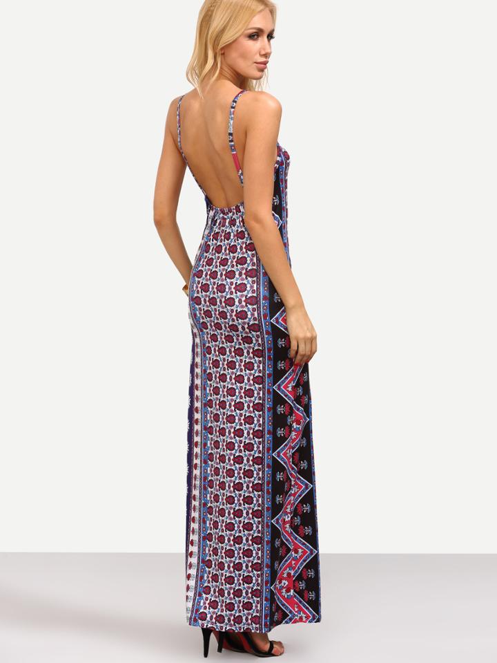 Romwe Spaghetti Strap Backless Tribal Print Dress