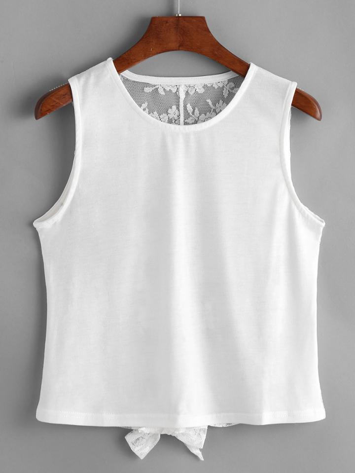 Romwe Knotted Back Contrast Lace Tank Top