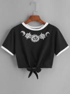 Romwe Black Sun Print Contrast Trim Tie Front T-shirt