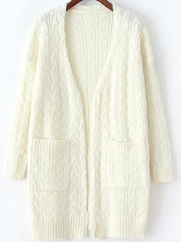 Romwe Long Sleeve Cable Knit Pockets White Coat