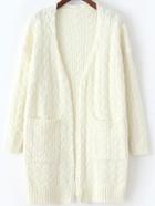 Romwe Long Sleeve Cable Knit Pockets White Coat