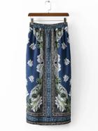 Romwe Multicolor Elastic Waist Printed Split Side Skirt