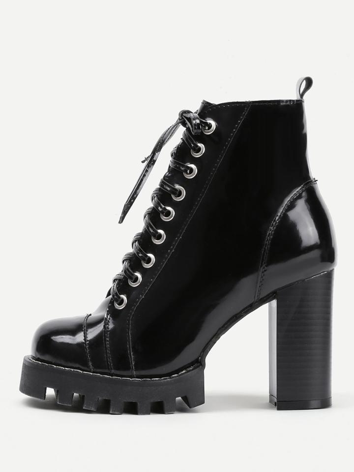Romwe Lace Up Block Heeled Pu Ankle Boots