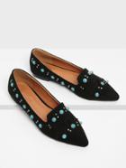Romwe Turquoise Decorated Pointed Toe Suede Flats
