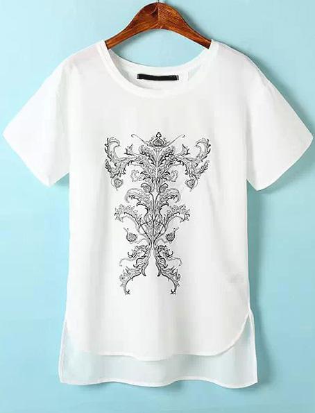Romwe White Short Sleeve Embroidered Dip Hem T-shirt