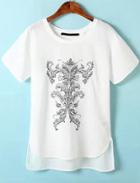 Romwe White Short Sleeve Embroidered Dip Hem T-shirt
