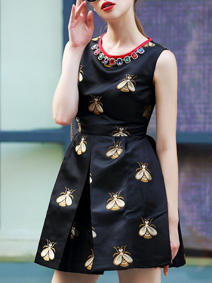 Romwe Black Round Neck Sleeveless Beading Print Dress