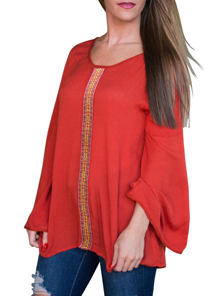Romwe Red Long Sleeve Webbing Insert Blouse