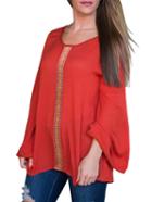 Romwe Red Long Sleeve Webbing Insert Blouse