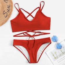Romwe Criss Cross Lace-up Top With Ribbed Bikini Set