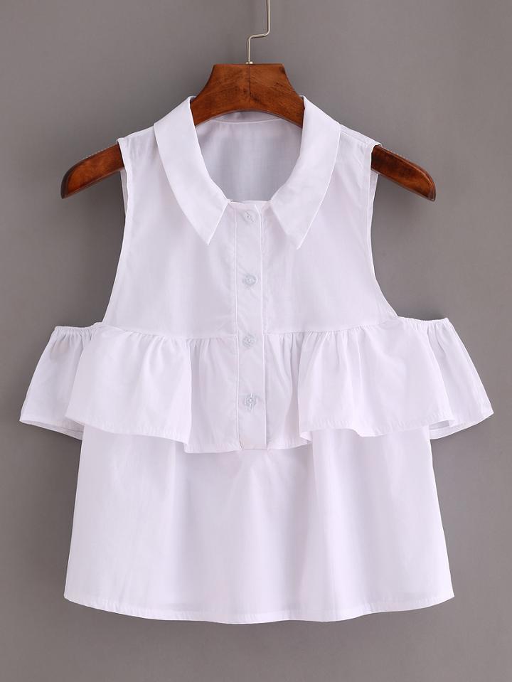 Romwe White Open Shoulder Ruffle Shirt