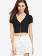 Romwe Zip Front Ribbed Knit Crop Top - Black