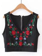 Romwe Flower Embroidered Zipper Back Tank Top