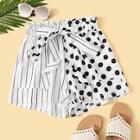 Romwe Striped Polka Dot Panel Knot Front Paperbag Shorts