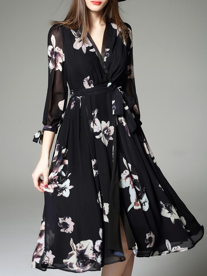 Romwe Black V Neck Tie-waist Print Dress