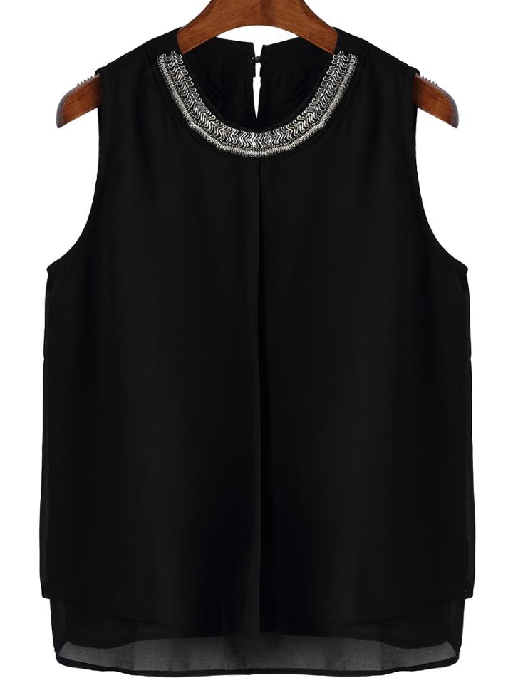 Romwe Round Neck Bead Chiffon Tank Top