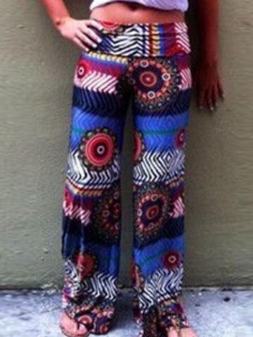 Romwe Florals Print Elastic Waist Straight Blue Pant