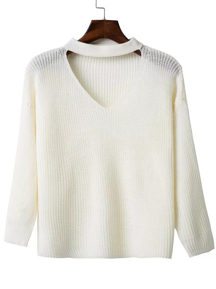 Romwe White Choker V Neck Drop Shoulder Sweater
