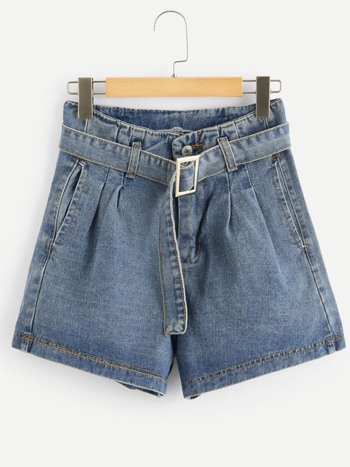 Romwe Denim Self Tie Waist Shorts