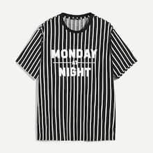 Romwe Guys Letter Front Varsity Striped Tee