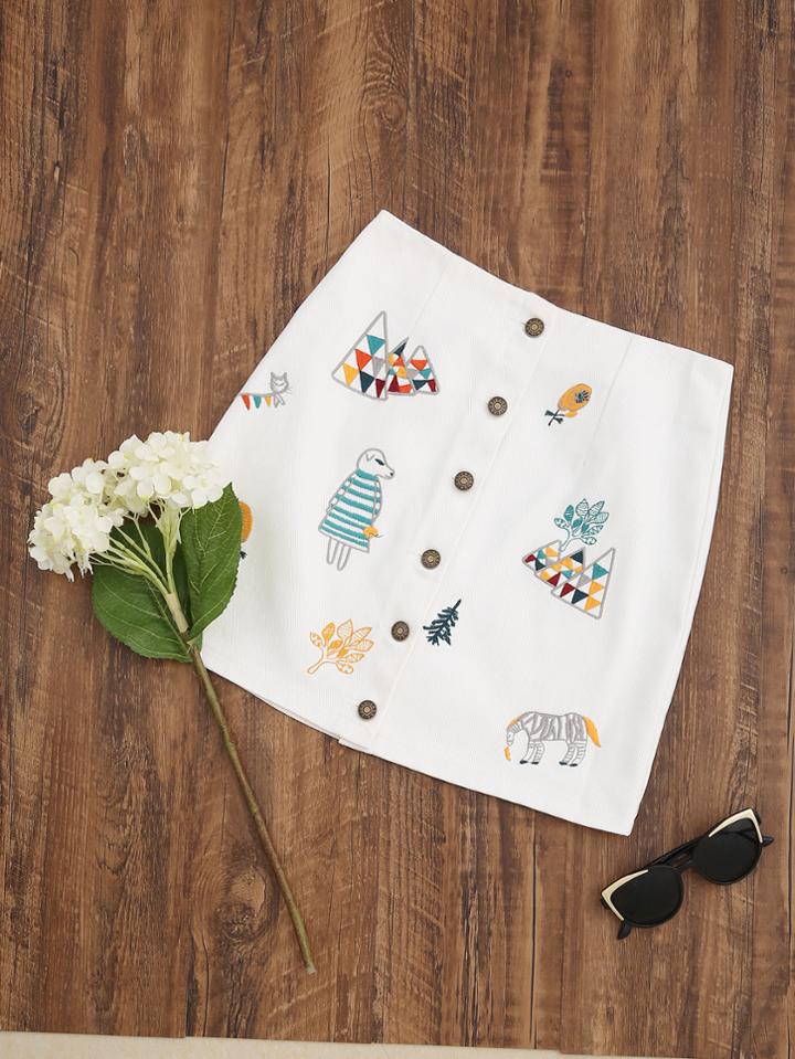 Romwe White Embroidery Button Front A Line Skirt