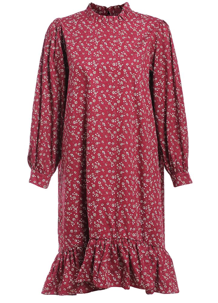 Romwe Stand Collar Flower Print Fishtail Hem Red Dress