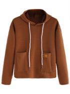 Romwe Khaki Striped Textured Hooded Sweatshirt With Pocket