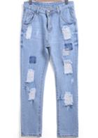 Romwe Blue Ripped Patch Denim Pant