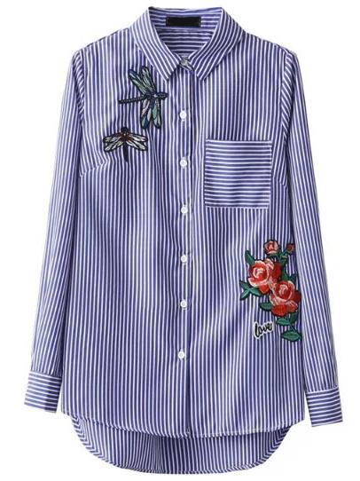 Romwe Blue Vertical Striped Embroidery Dip Hem Blouse