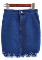 Romwe Fringe Embroidered With Pockets Denim Blue Skirt