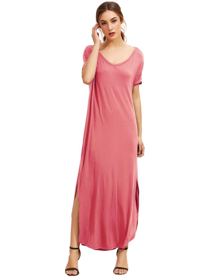 Romwe Dark Pink Sleeve Pocket Split Side Dress