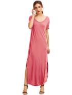 Romwe Dark Pink Sleeve Pocket Split Side Dress