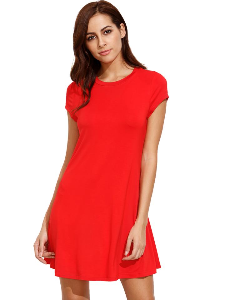 Romwe Red Short Sleeve Shirt Cut Swing Dress